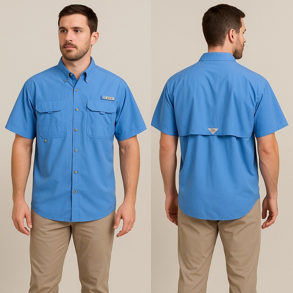 Columbia PGF Fishing Shirt Vented Button Up‎ Short Sleeve Blue XL Cotton Summer